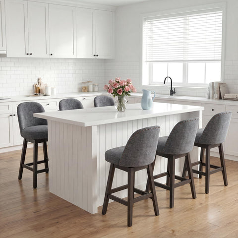 Bar Stools Set of 6, 360° Swivel Counter Stools with Upholstered Seat, Wooden Frame & Nailhead Trim
