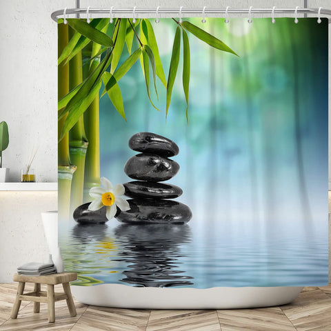 SDOTPMT 72x96inch Spa Japanese Theme Shower Curtain Green Bamboo Leaves Orchid Basalt Stones Bath Curtain Zen Meditation Bathtub Curtain for Bathroom