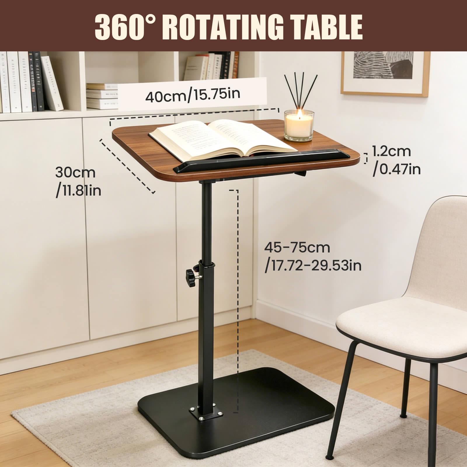 Vixtte 360° Rotating Coffee Table with Slots, Adjustable Height C-Shaped Side Table, Multi-Functional Sofa Side Table and Bed Table (Walnut Color)