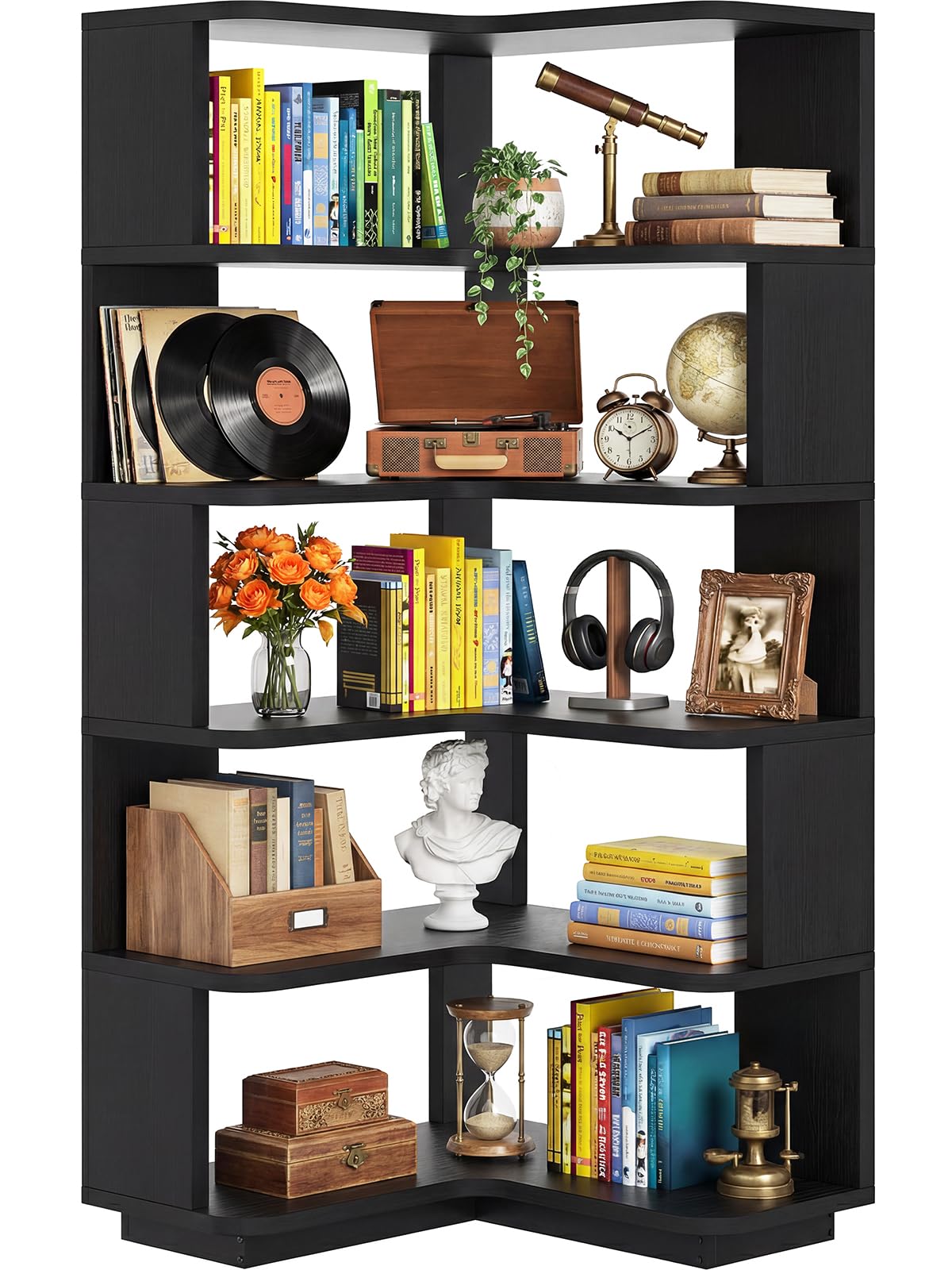 iSunirm 5-Tier Corner Bookshelf, L-Shaped Bookcase, Space-Saving Freestanding Corner Display Shelf Unit for Living Room & Bedroom, 162x60x60cm, Black