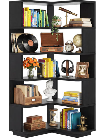 iSunirm 5-Tier Corner Bookshelf, L-Shaped Bookcase, Space-Saving Freestanding Corner Display Shelf Unit for Living Room & Bedroom, 162x60x60cm, Black