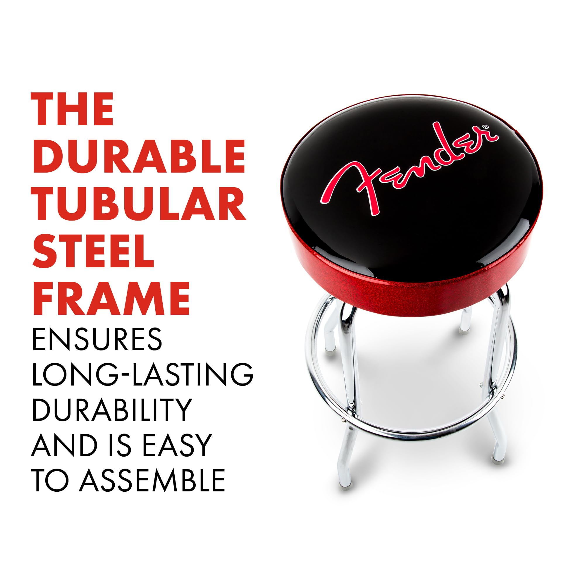 Fender Red Sparkle Logo Barstool, Padded Swivel Guitar Stool, 30 In