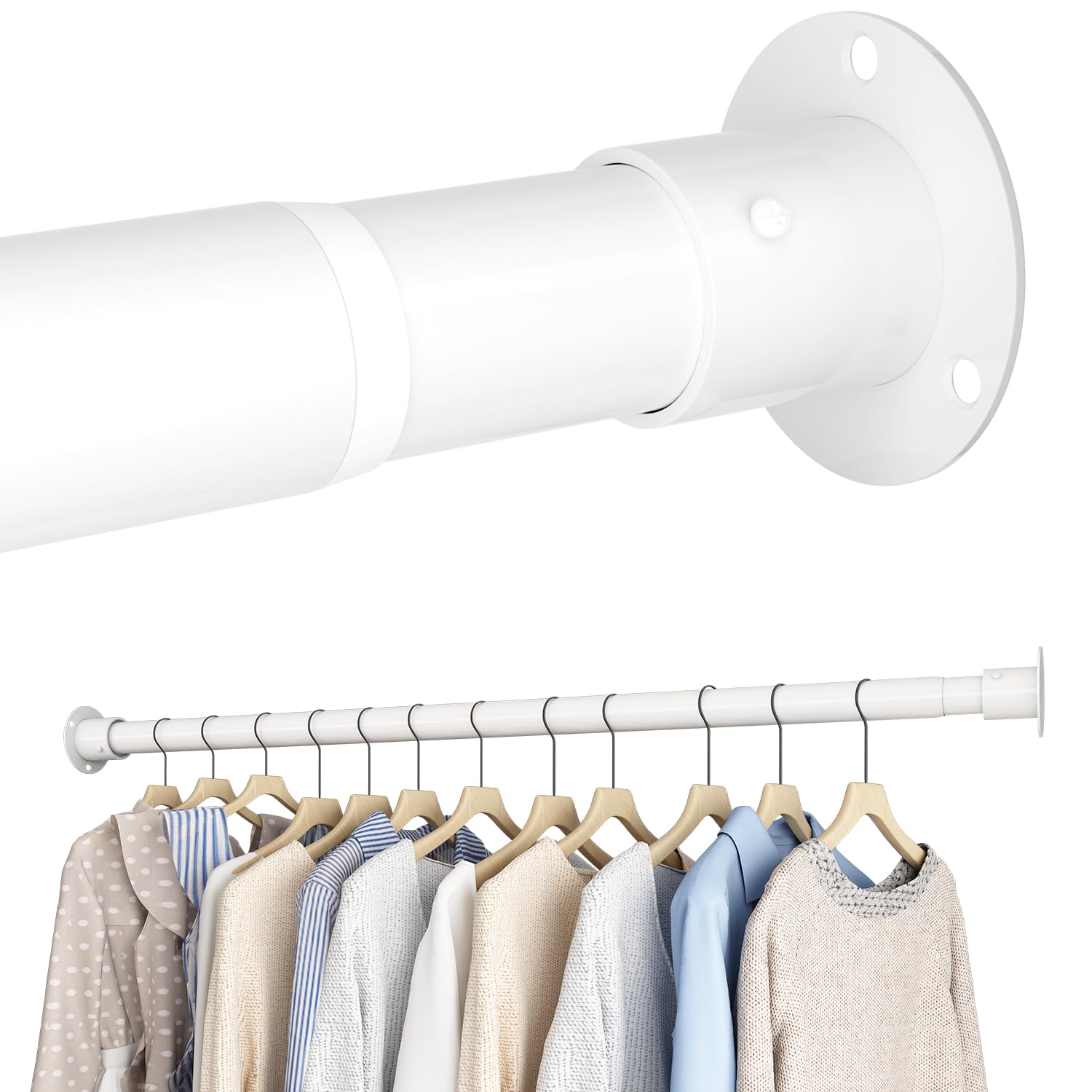 Wardrobe Rail, Extendable Clothes Rail, Wardrobe Pole with Fixing Sockets and Screws for Wardrobe and Cloakroom, White, 29-40cm(Diameter 25mm)