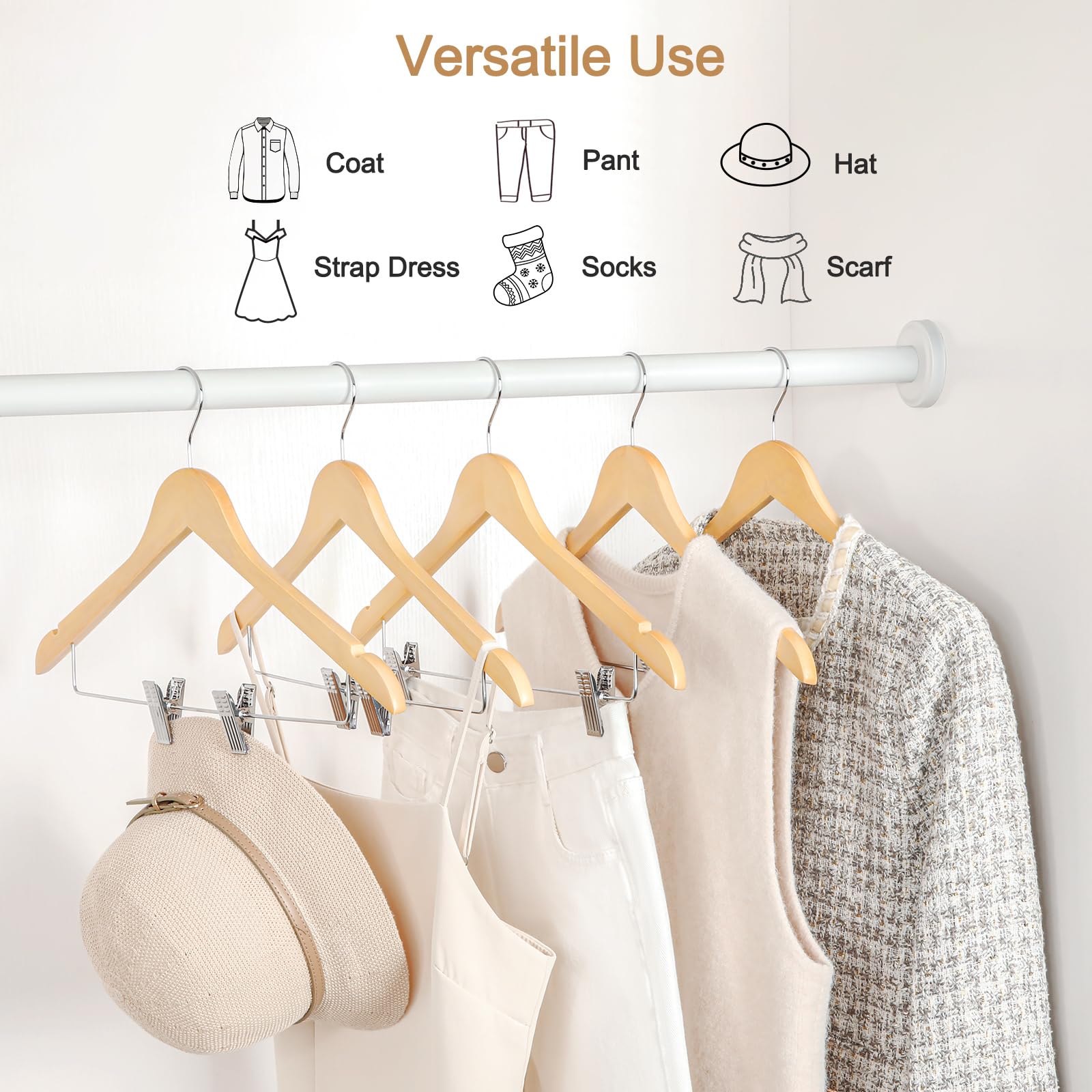 TOPIA HANGER Wooden Suit Hangers with Adjustable Metal Clips (20 Pack), Solid Smooth Wood Clothes Hangers, 360° Swivel Hook