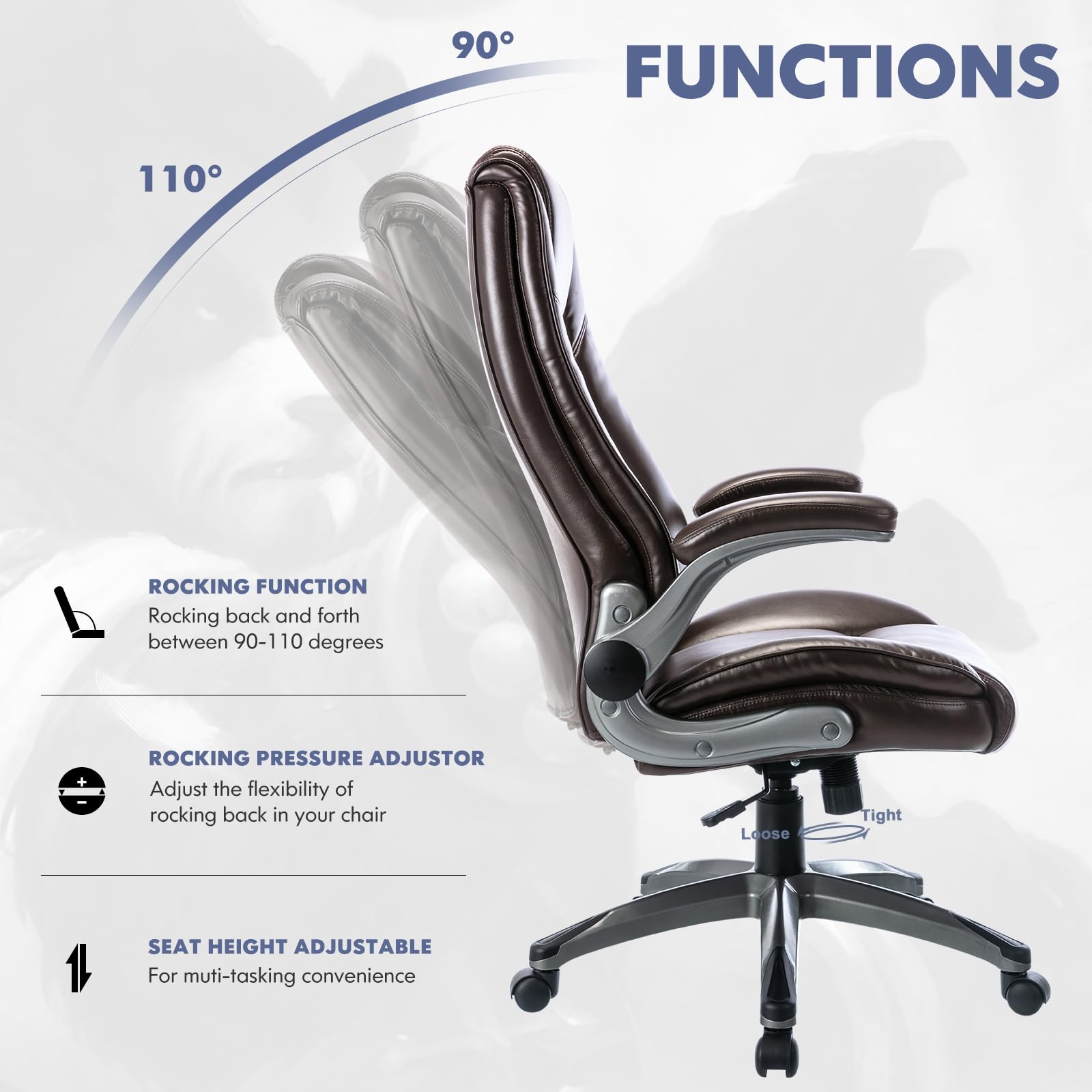 COLAMY Leather Executive Office Chair - High Back Home Computer Desk Chair with Padded Flip-up Arms, Adjustable Tilt Lock