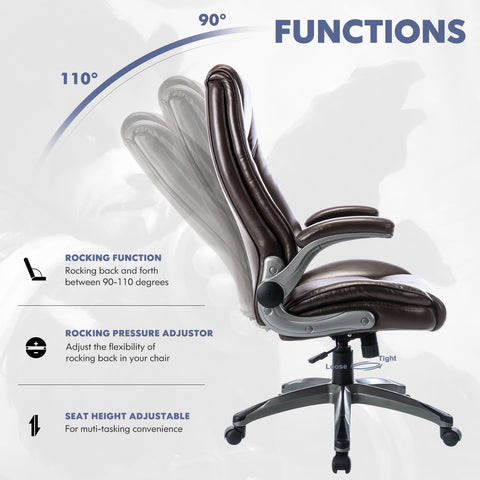 COLAMY Leather Executive Office Chair - High Back Home Computer Desk Chair with Padded Flip-up Arms, Adjustable Tilt Lock