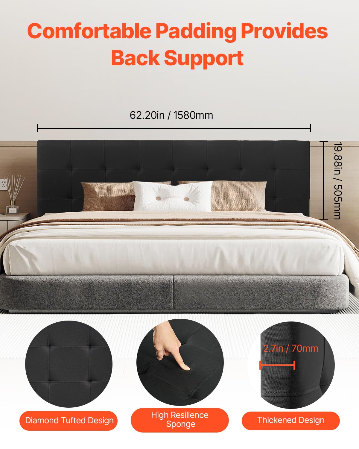 VEVOR Headboard, Queen Size Headboard with Adjustable Height, Comfortable Diamond Tufted for Queen Size Bed, W62.2 x H(42.72-54.53) x D2.76 in