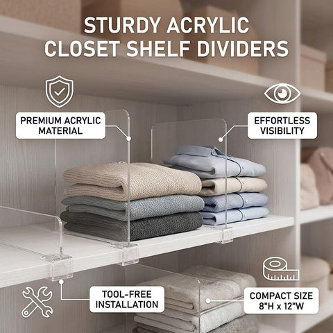 Irishom 8 Pack Clear Acrylic Shelf Dividers, Wardrobe Organiser & Separator for Clothes, Towels and Bags