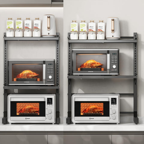 ABCOOL Retractable Adjustable 2 Axial Kitchen Baker Microwave Oven Rack, 2 Tier Expandable and Height Adjustable Carbon Steel Shelf Counter