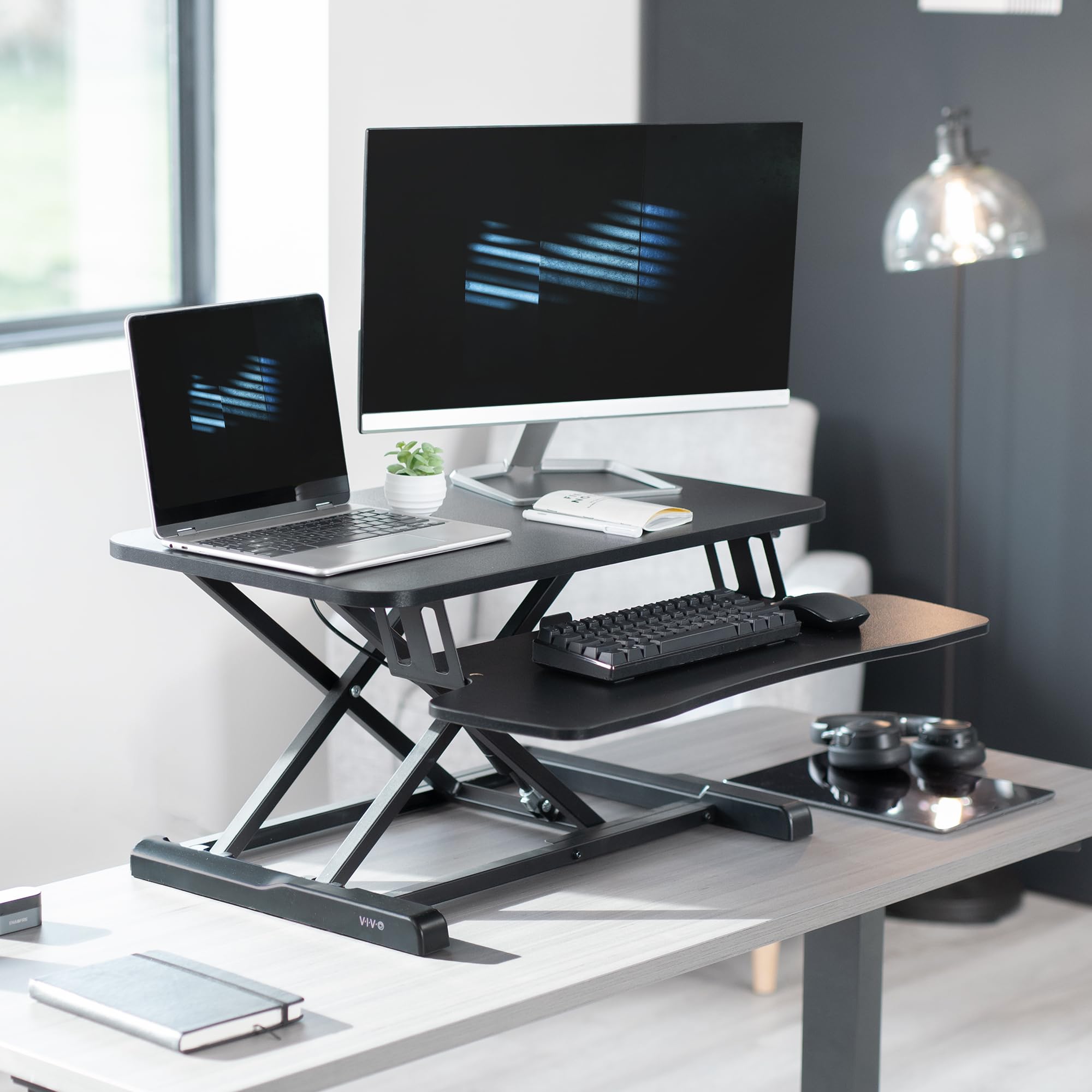 VIVO 71 cm Desk Converter, K Series, Height Adjustable Sit to Stand Riser, Dual Monitor and Laptop Workstation with Keyboard Tray, Black, DESK-V028KB
