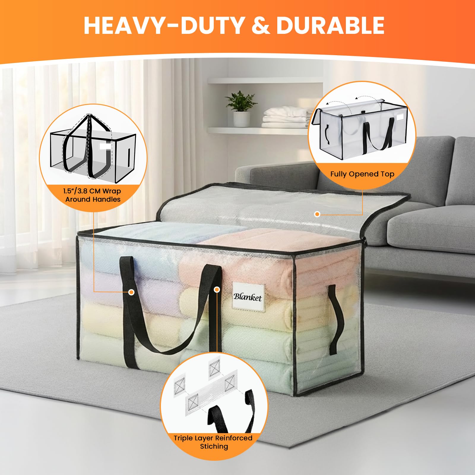 RICHER HOUSE 90L Heavy Duty Moving Boxes, Clothes Storage Bag, 4 Pack,Clear
