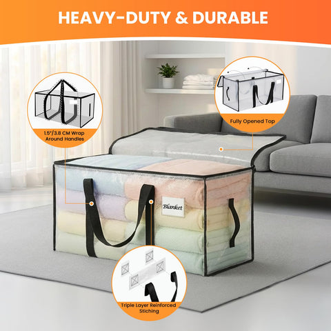 RICHER HOUSE 90L Heavy Duty Moving Boxes, Clothes Storage Bag, 4 Pack,Clear