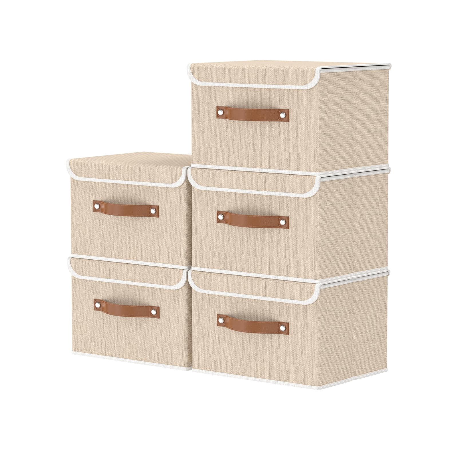 OUTBROS Storage Boxes with Lids 5 Pack, Bins 26x20x17 cm, Beige