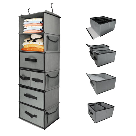Folzaelar Durable Hanging Wardrobe Organiser with 5 Drawer & 3 Side Pocket,6-Tier Thickened Fabric Hanging Shelf Clothes Storage Holder Organization