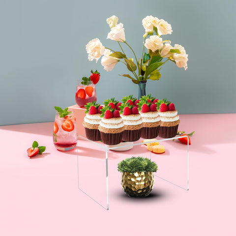 Jusalpha 2 PC Clear Acrylic Risers, Acrylic Display Risers Shelf Showcase Fixtures for Jewelry, Display Stand for Amiibo Funko POP Figures, Cupcakes