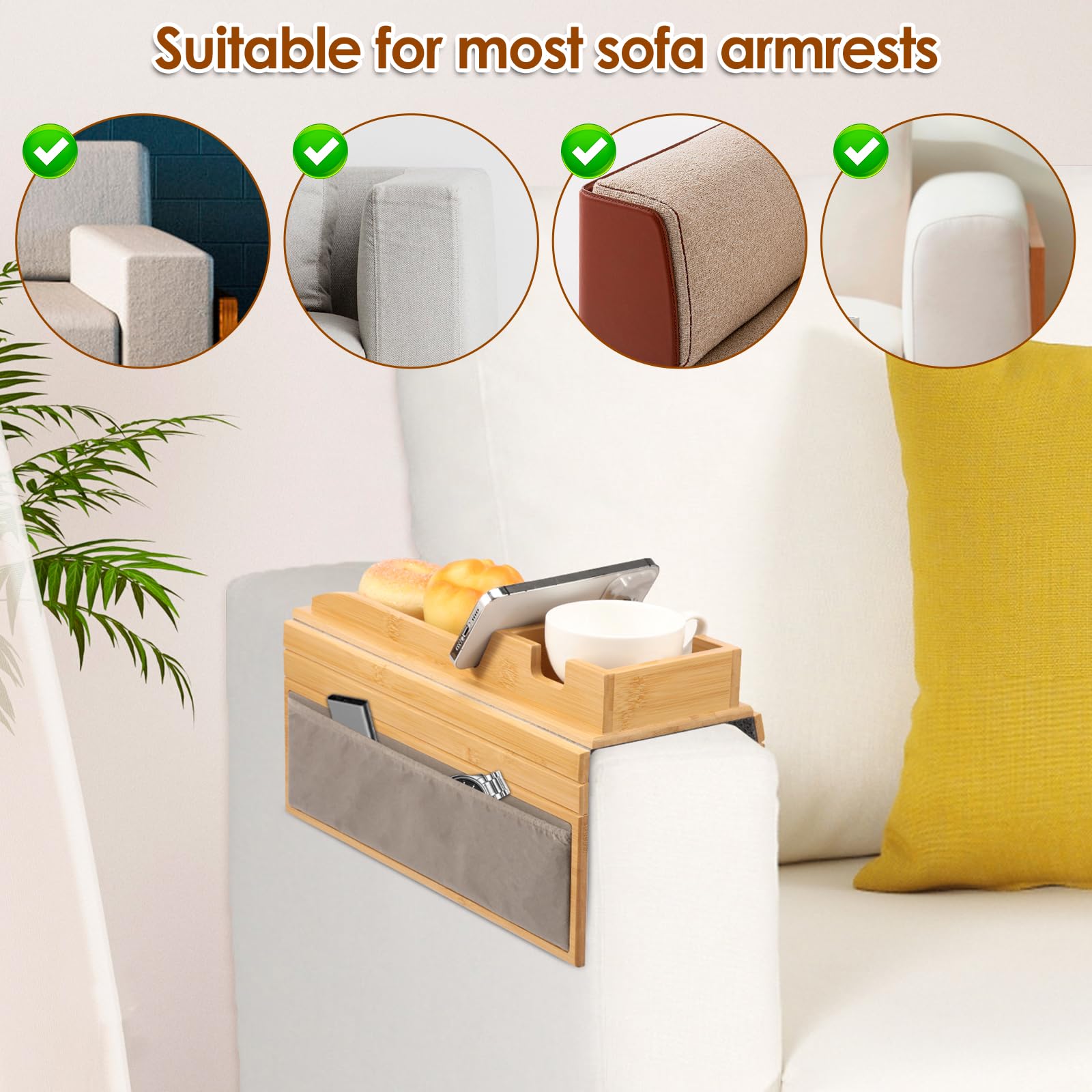 Natural Bamboo Sofa Arm Tray with Couch Cup Holder, Anti Falling Couch Arm Tray Table, Foldable Sofa Armchair Caddy, Sofas Side Table for Snacks