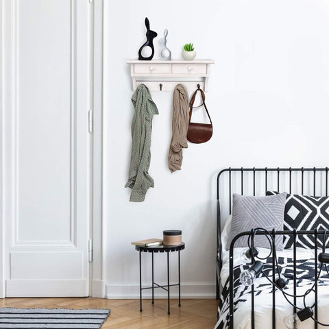 Emfogoo Rustic Wood Coat Rack with Shelf & Vintage Hooks, Farmhouse Wall Mount Coat Rack for Entryway, Bedroom, Living Room, Kitchen(White)