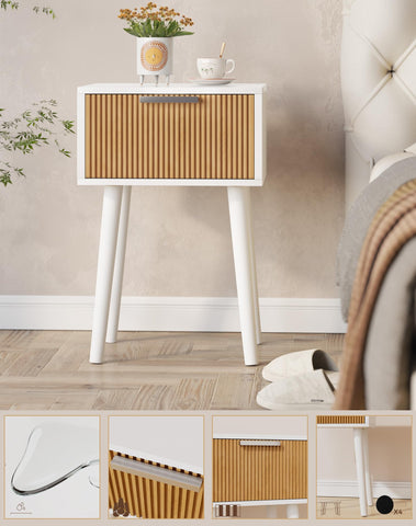 YMYNY Fluted Nightstand Set of 2, Small End Table, Modern Coffee Table with Drawer, Solid Wood Legs, Retaining Chain, 35x27x53cm