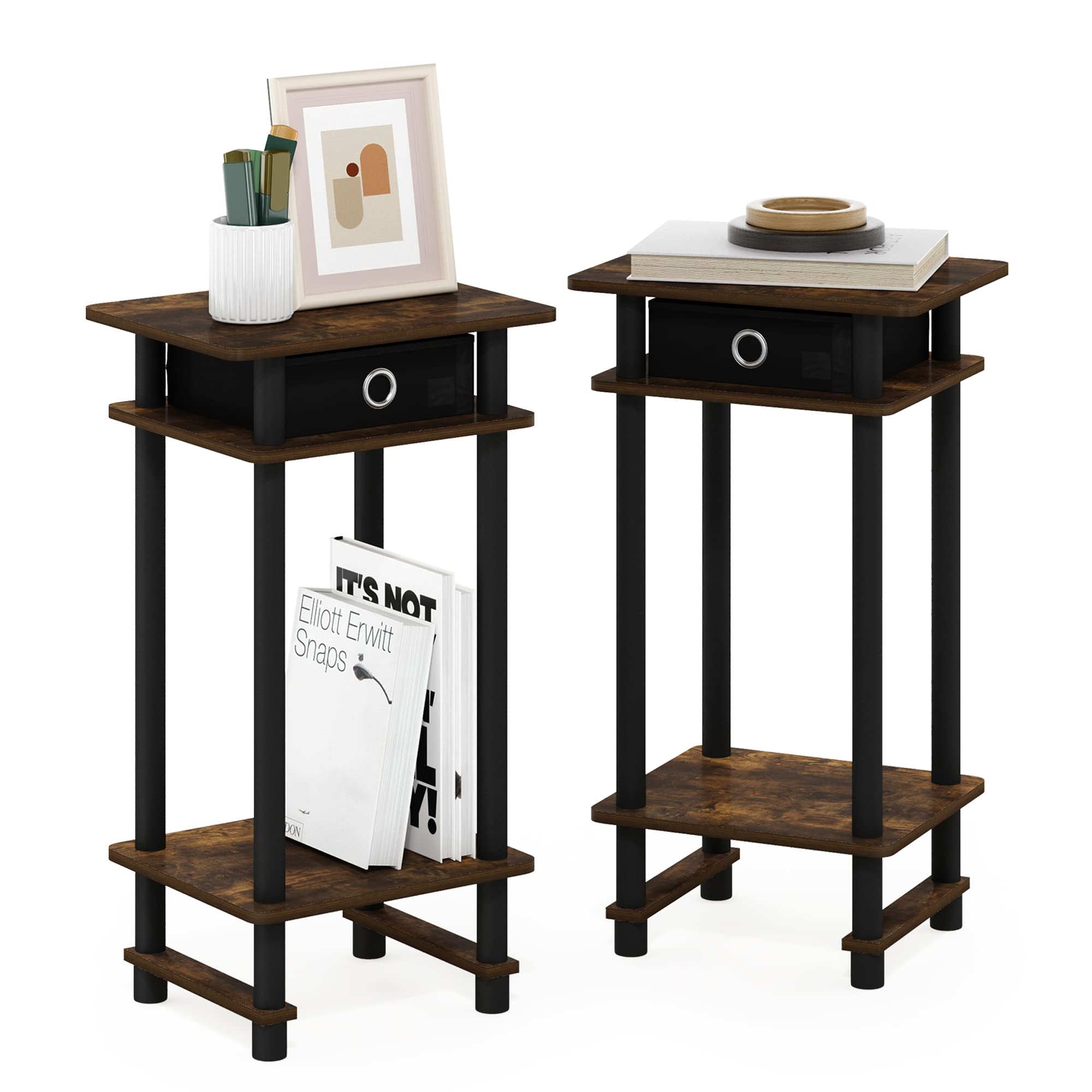 Furinno TURN-N-TUBE Side Table Set of 2, 3-Tier End Table with Storage Bin, Open Shelf Night Stand, Bedside Table, for Living Room, Bedroom