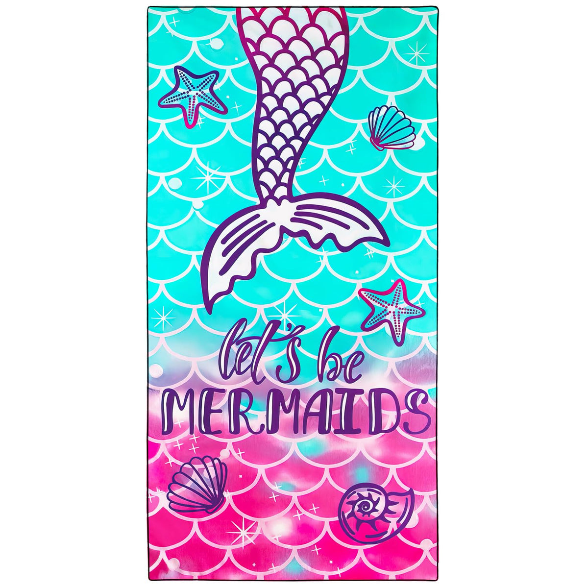 Violetpos Mermaid Tail 'Let's Be Mermaids' Beach Towel, Extra Large 180x90 cm 250GSM Microfibre, Sand Free Quick Dry