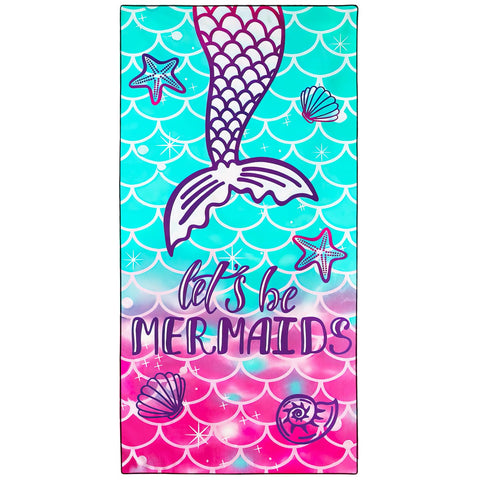 Violetpos Mermaid Tail 'Let's Be Mermaids' Beach Towel, Extra Large 180x90 cm 250GSM Microfibre, Sand Free Quick Dry