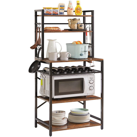 YMYNY Kitchen Baker's Rack, Microwave Oven Stand with Storage Shelves, Industrial Coffee Bar Station, with Adjustable Wine Holders and 12 S-Hooks