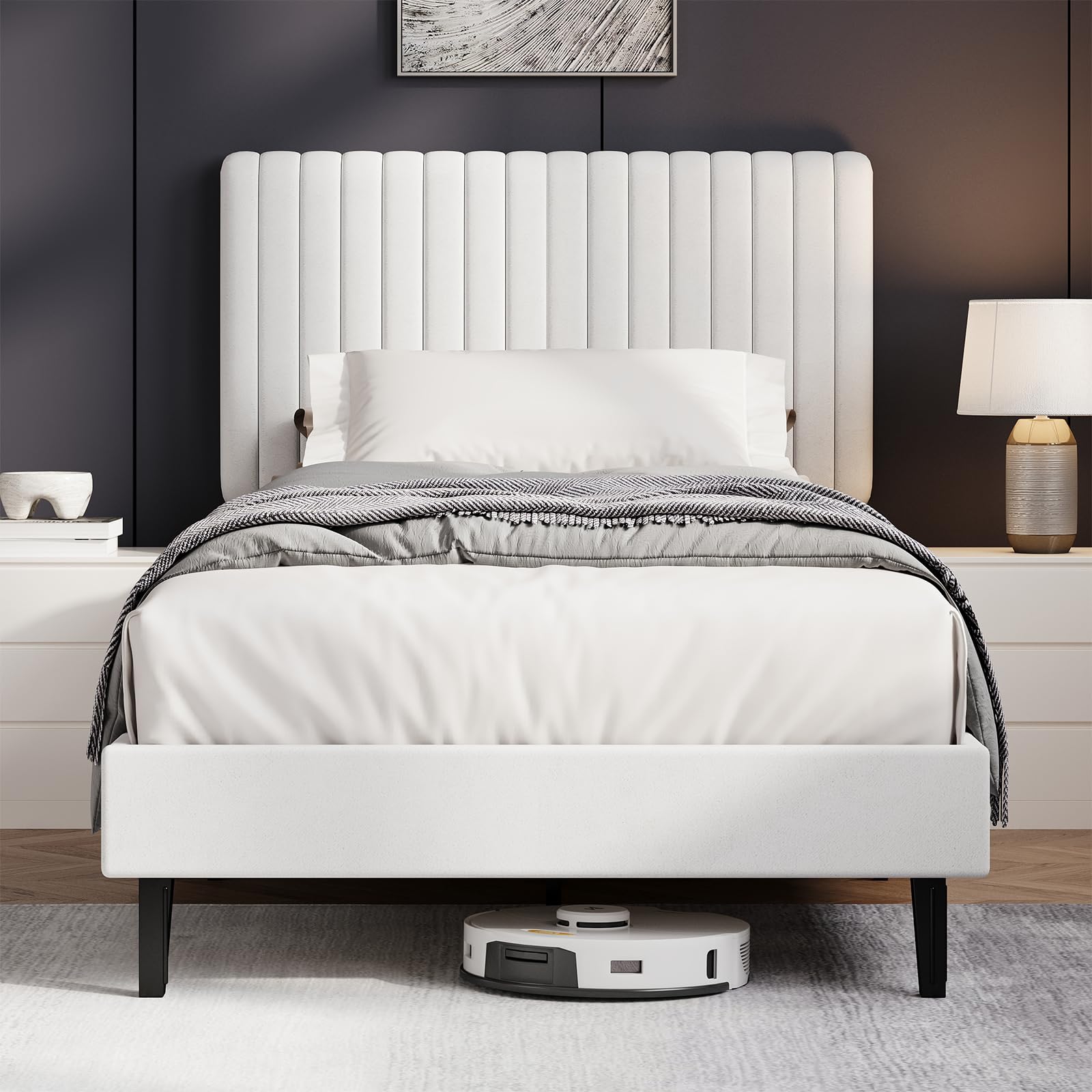 HOMBCK Single Bed Frame, 90 x 190 cm, Upholstered Bed with Velvet Headboard, Adjustable Height, Wooden Slat Support, No Box Spring Needed, White