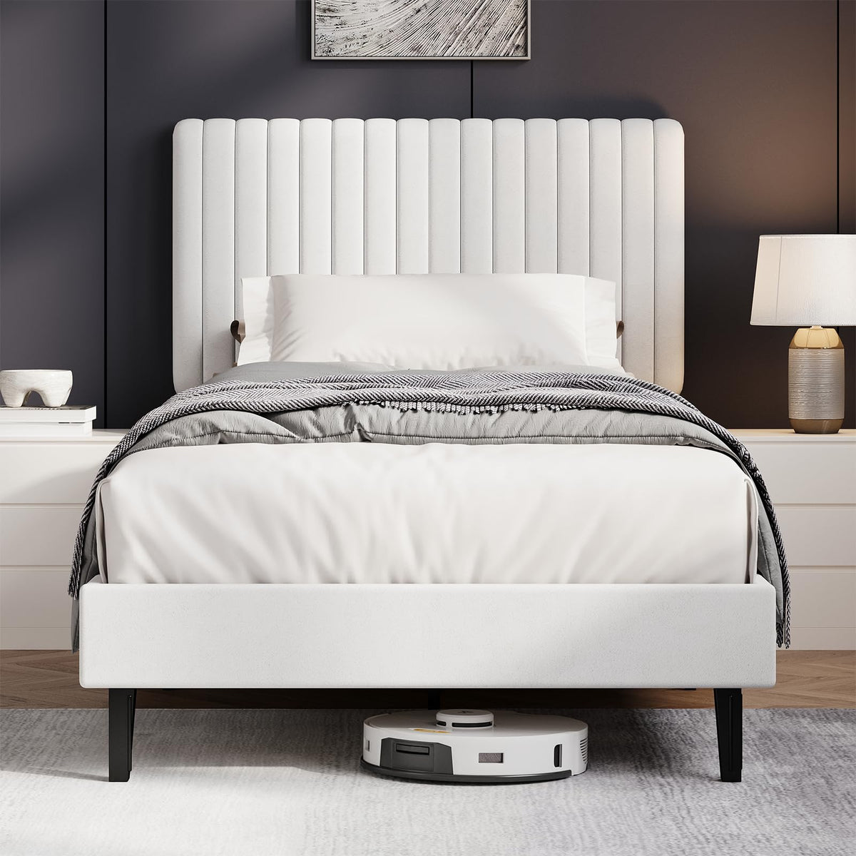 HOMBCK Single Bed Frame, 90 x 190 cm, Upholstered Bed with Velvet Headboard, Adjustable Height, Wooden Slat Support, No Box Spring Needed, White