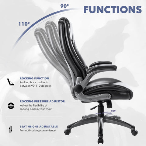 COLAMY Leather Executive Office Chair - High Back Home Computer Desk Chair with Padded Flip-up Arms, Adjustable Tilt Lock