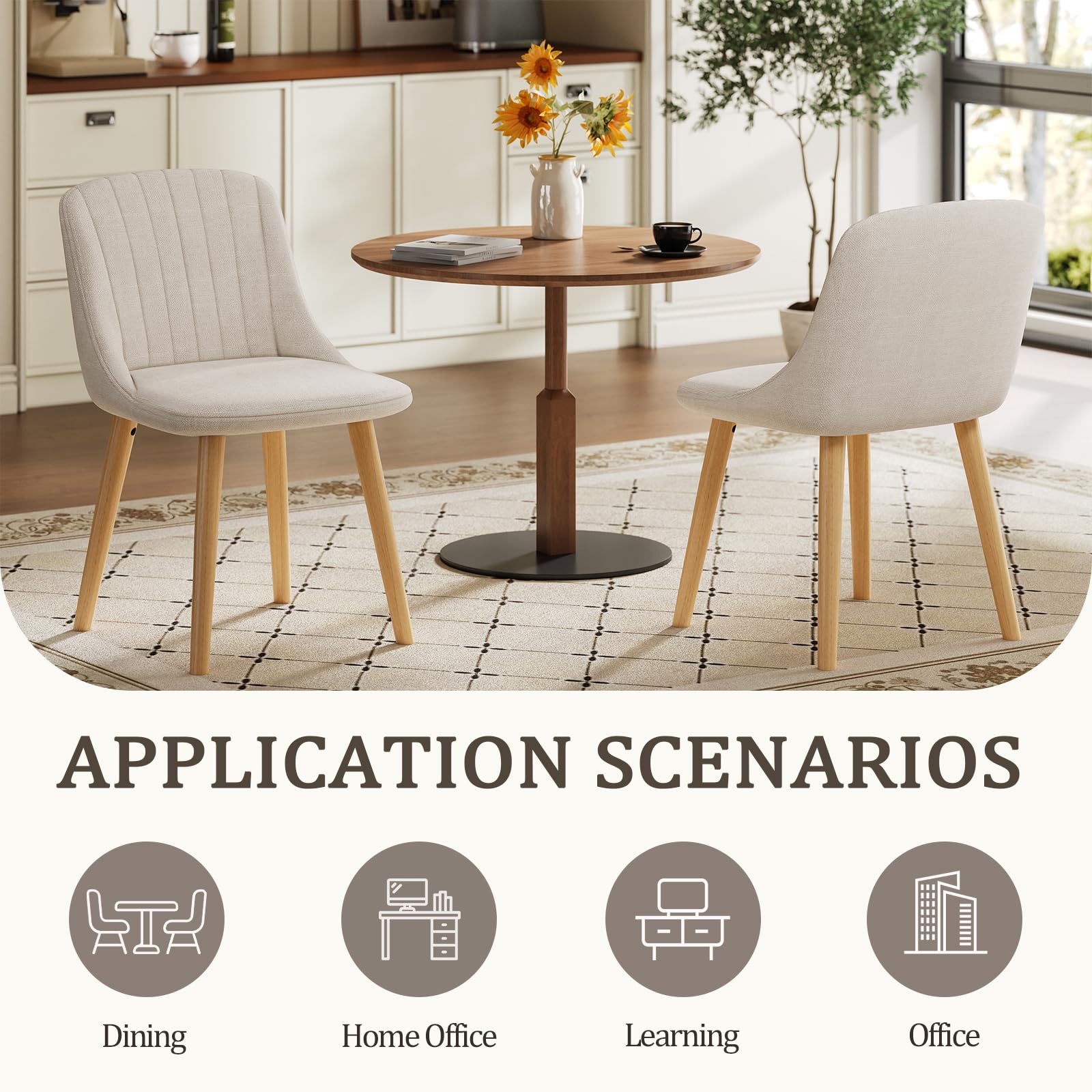 Goeurvant Dining Chairs Set of 4 Polyester Chairs for Living Room with Wood Legs Upholstered Kitchen Chair, Beige