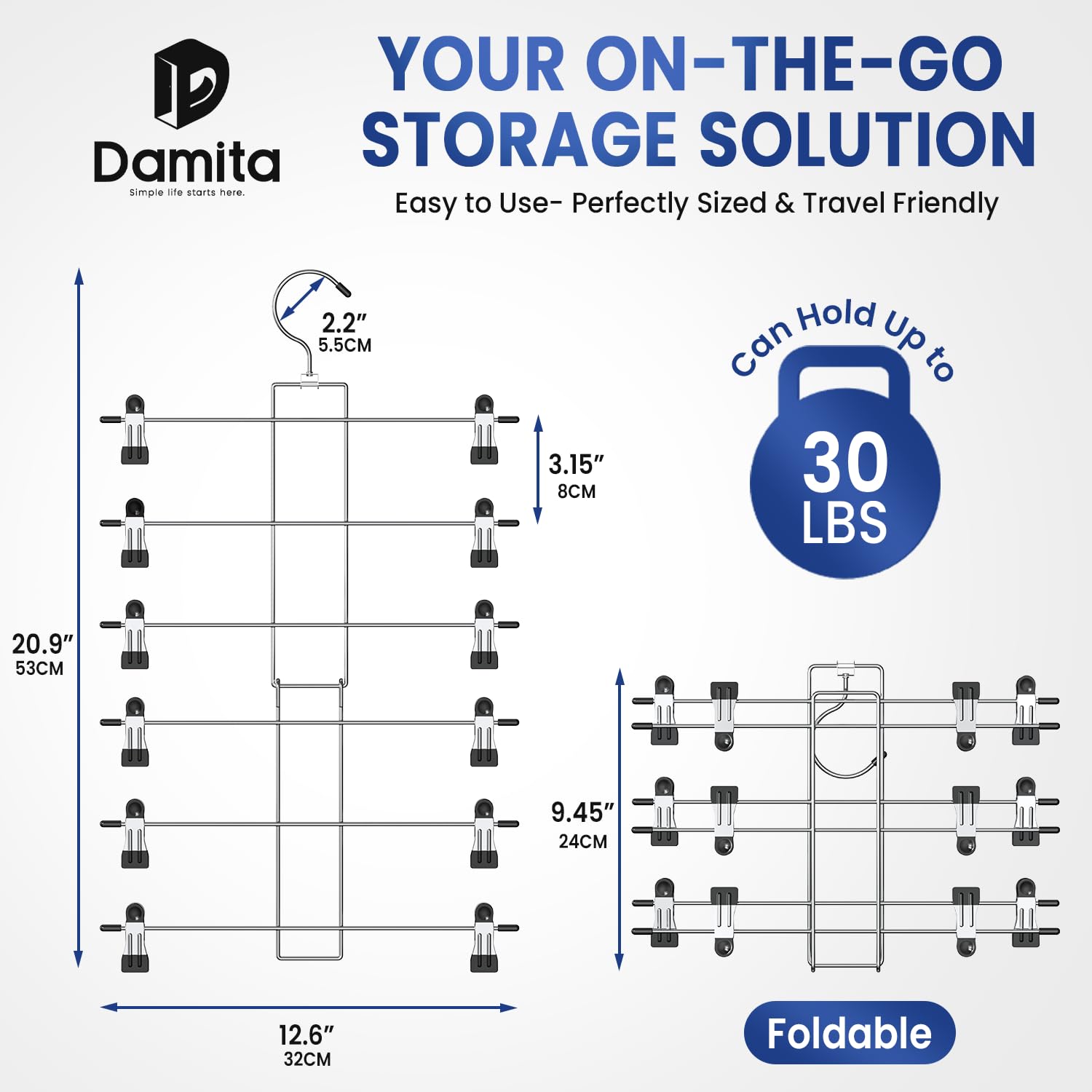 DAMITA Skirt Trouser Hangers with Clips Space Saving Hanging Closet Organizer 6 Tiers Multi Hanger with 360° Swivel Hook