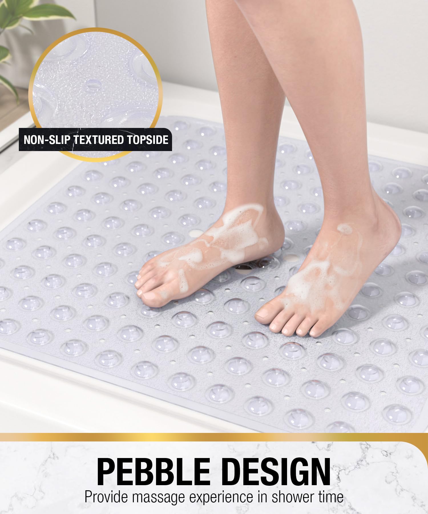 HITSLAM Square Shower Mat Non Slip Anti Mould, 53 x 53cm Bath Mat for Tub with Suction Cups and Drain Holes