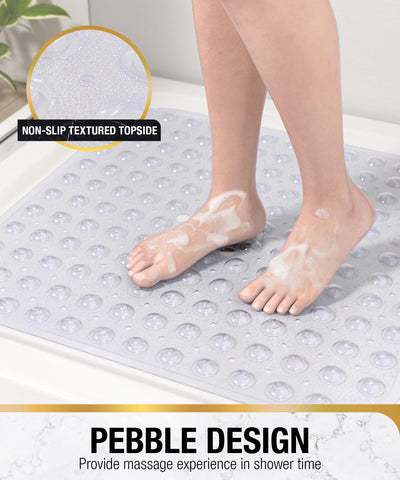 HITSLAM Square Shower Mat Non Slip Anti Mould, 53 x 53cm Bath Mat for Tub with Suction Cups and Drain Holes