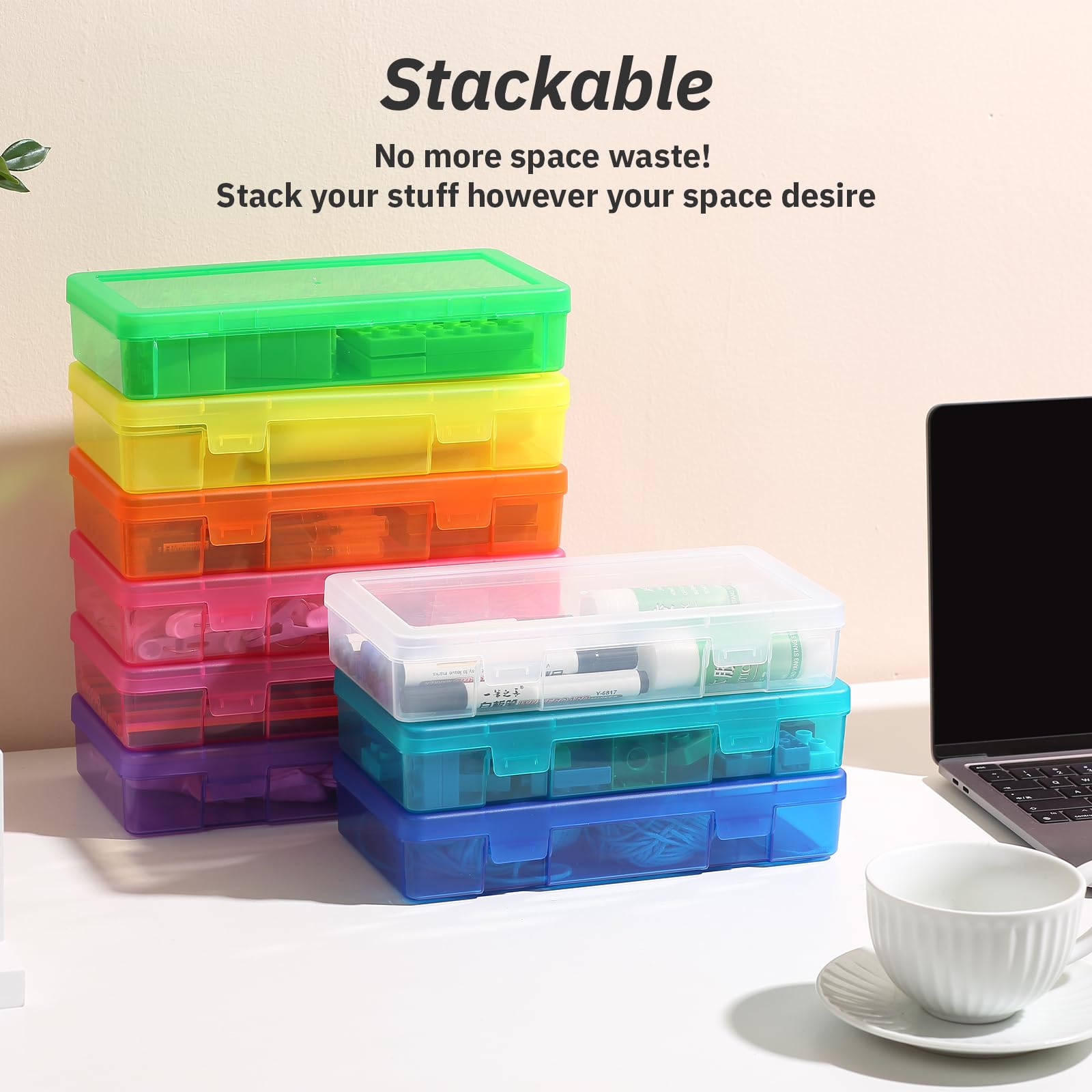 novelinks Medium Plastic Storage Boxes with Latching Lids – 9 Pack Stackable Craft Organizers for Supplies, Pencils, Crayons, Beads