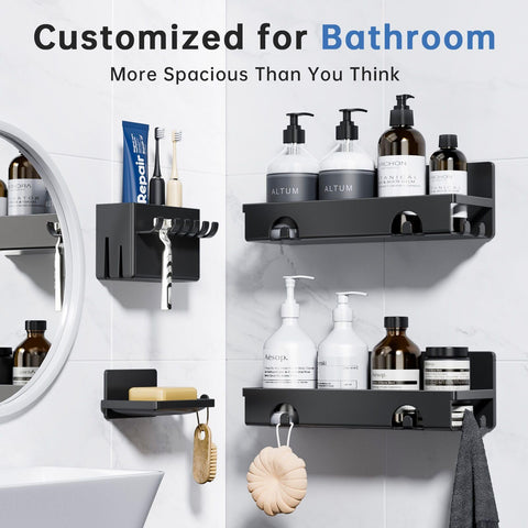 CHARYJOD Shower Caddy 4 Pack, Adhesive Bathroom Shower Shelf No Drill, Bathroom Shower Storage Rack with Hooks, Soap Razor Toothbrush Holder