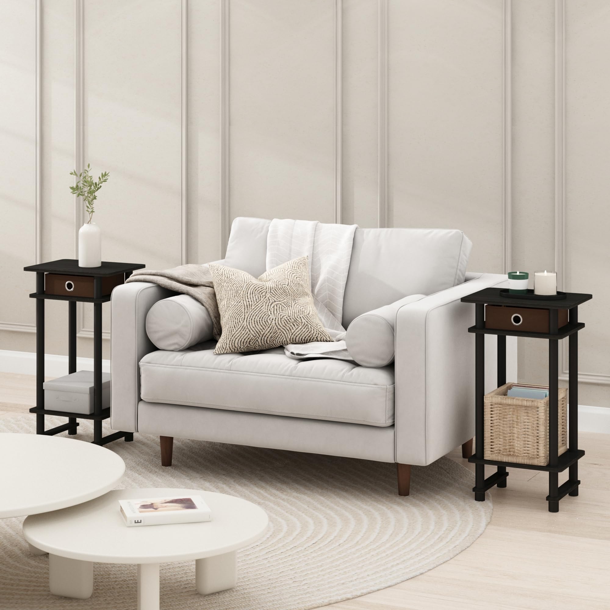 Furinno MODERN Side Table Set of 2, 3-Tier End Table with Storage Bin, Open Shelf Night Stand, Bedside Table, for Living Room, Bedroom, Black Espresso