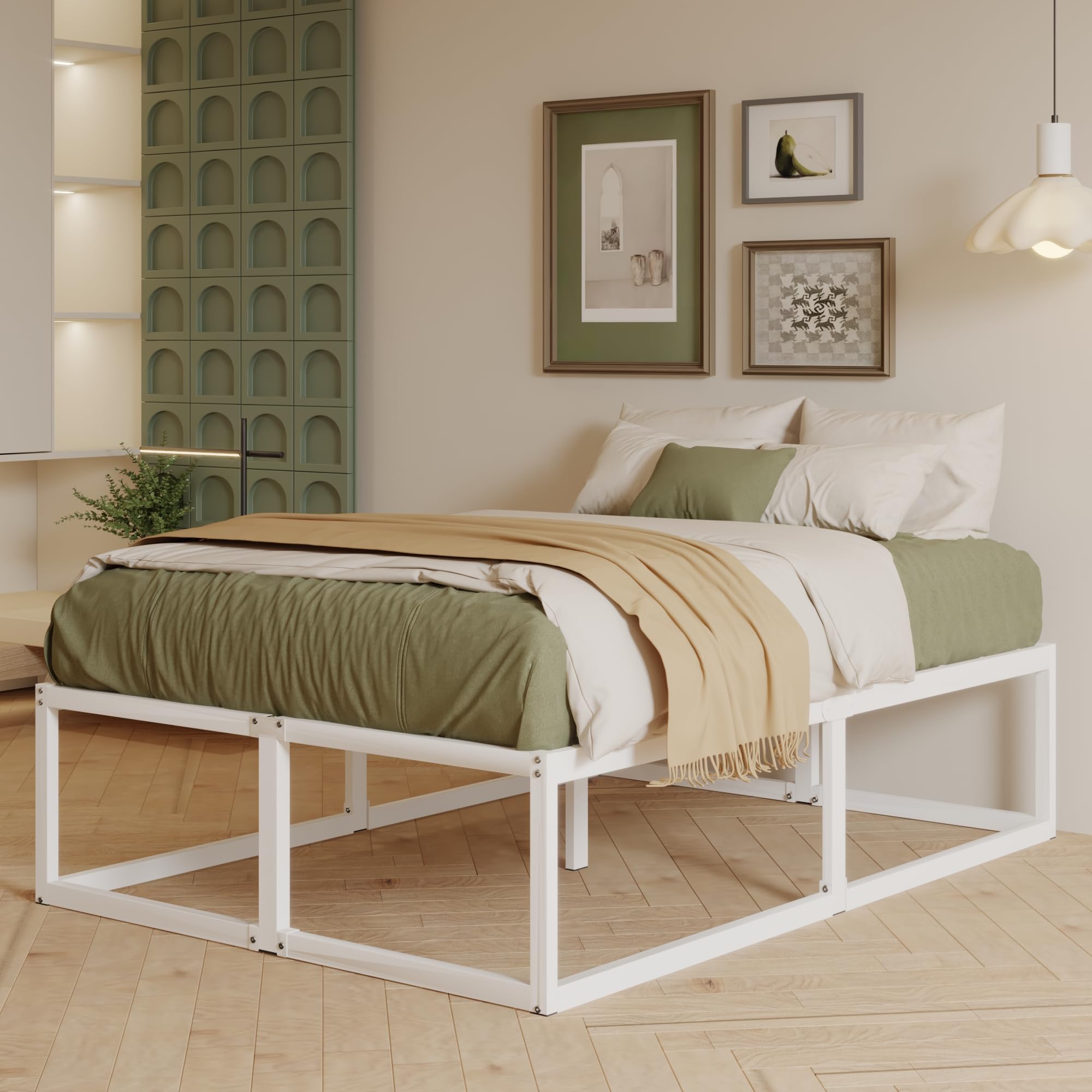 EMODA 46 cm High Metal Bed Frame 150x190 cm, White