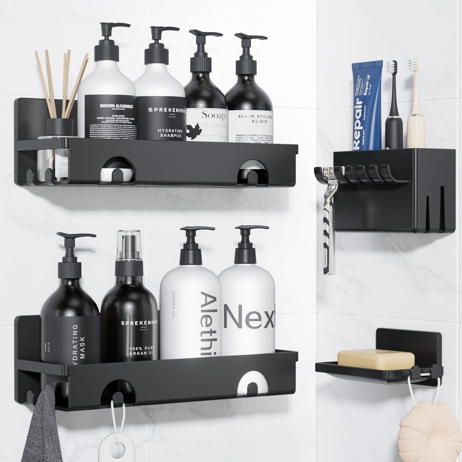CHARYJOD Shower Caddy 4 Pack, Adhesive Bathroom Shower Shelf No Drill, Bathroom Shower Storage Rack with Hooks, Soap Razor Toothbrush Holder