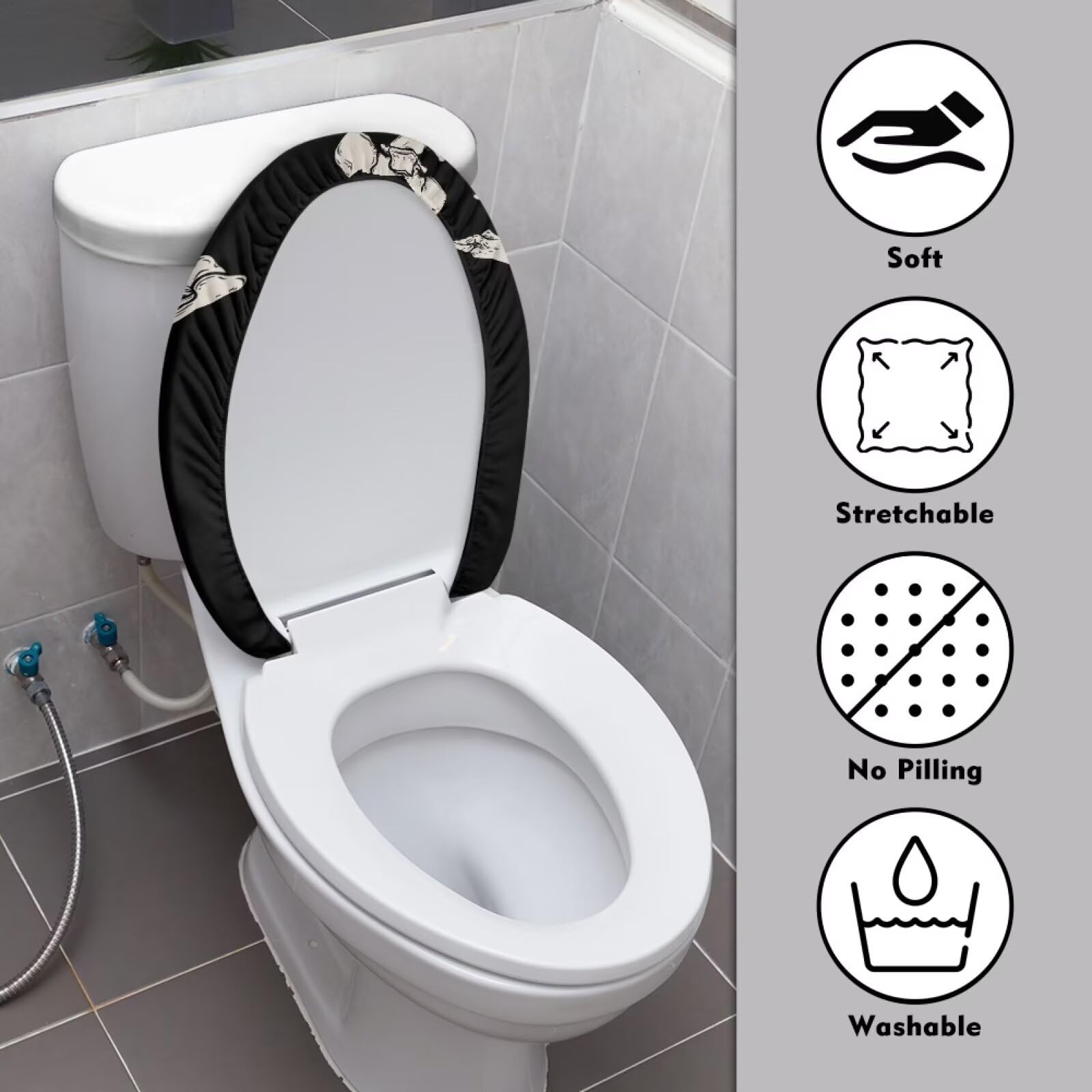COEQINE Skull Print Toilet Lid Cover，Black Resisant Washable Bathroom Decoration 1 Pcs Cute Skull Print Toilet Lid Dustproof