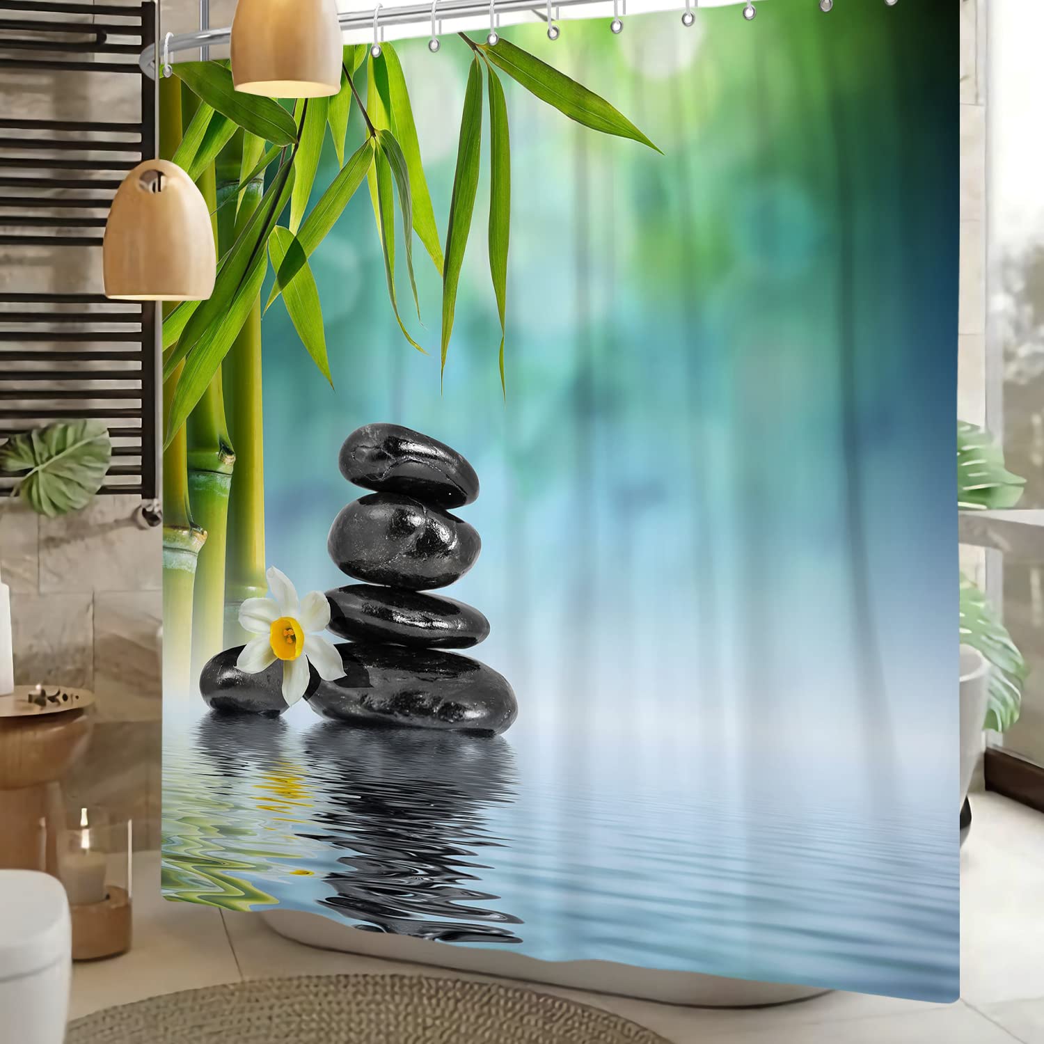 SDOTPMT 72x96inch Spa Japanese Theme Shower Curtain Green Bamboo Leaves Orchid Basalt Stones Bath Curtain Zen Meditation Bathtub Curtain for Bathroom