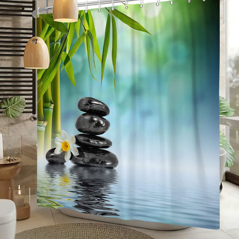 SDOTPMT 72x96inch Spa Japanese Theme Shower Curtain Green Bamboo Leaves Orchid Basalt Stones Bath Curtain Zen Meditation Bathtub Curtain for Bathroom