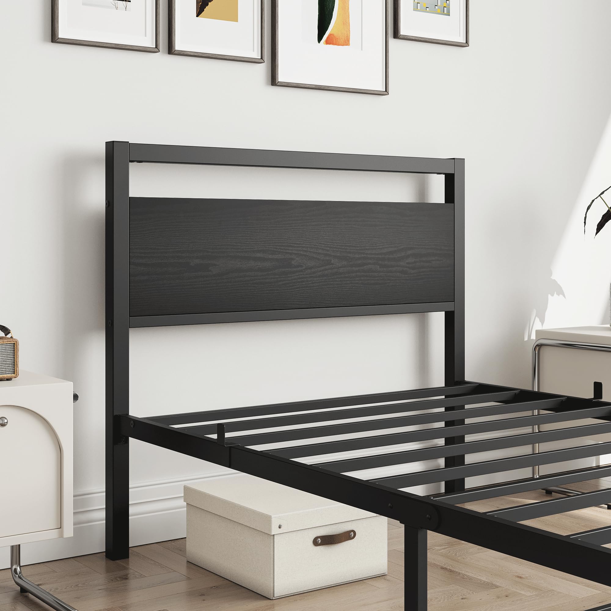 HOJINLINERO Single Bed Frame with Storage Headboard,90x190cm,Black
