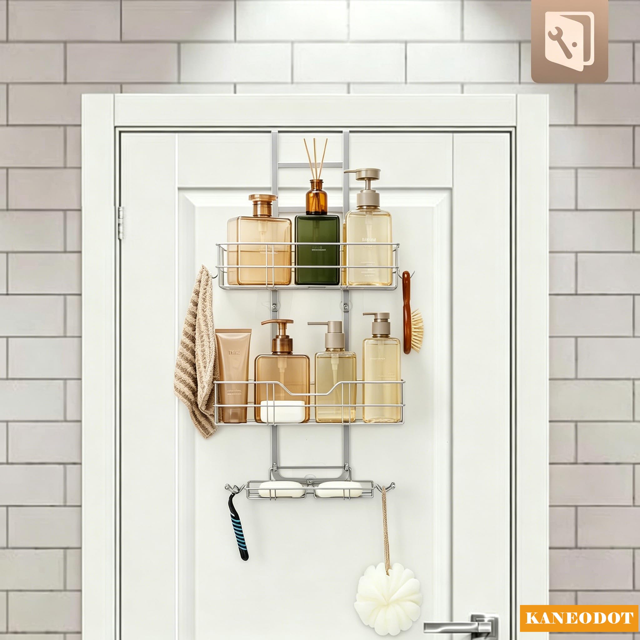 KANEODOT Shower Caddy Hanging, Over The Door Shower Storage, 2 Tier No Drilling Shower Shelf with Soap Holder for Bathroom Kitchen Silver Grey