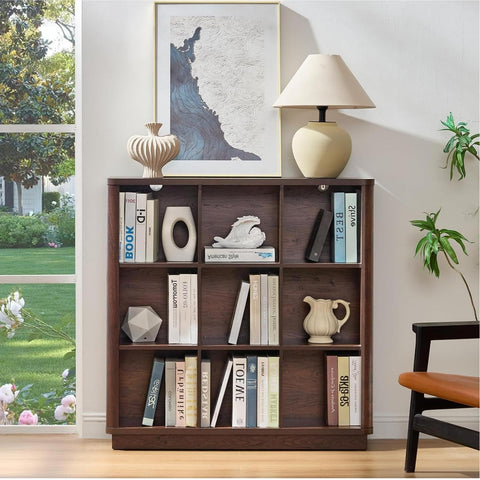 LELELINKY 9 Cube Storage Bookcase, 41" Wide Wooden Book Shelf with Thickened Base, Freestanding 3-Tier Open Book Case Unit with Curved Edge