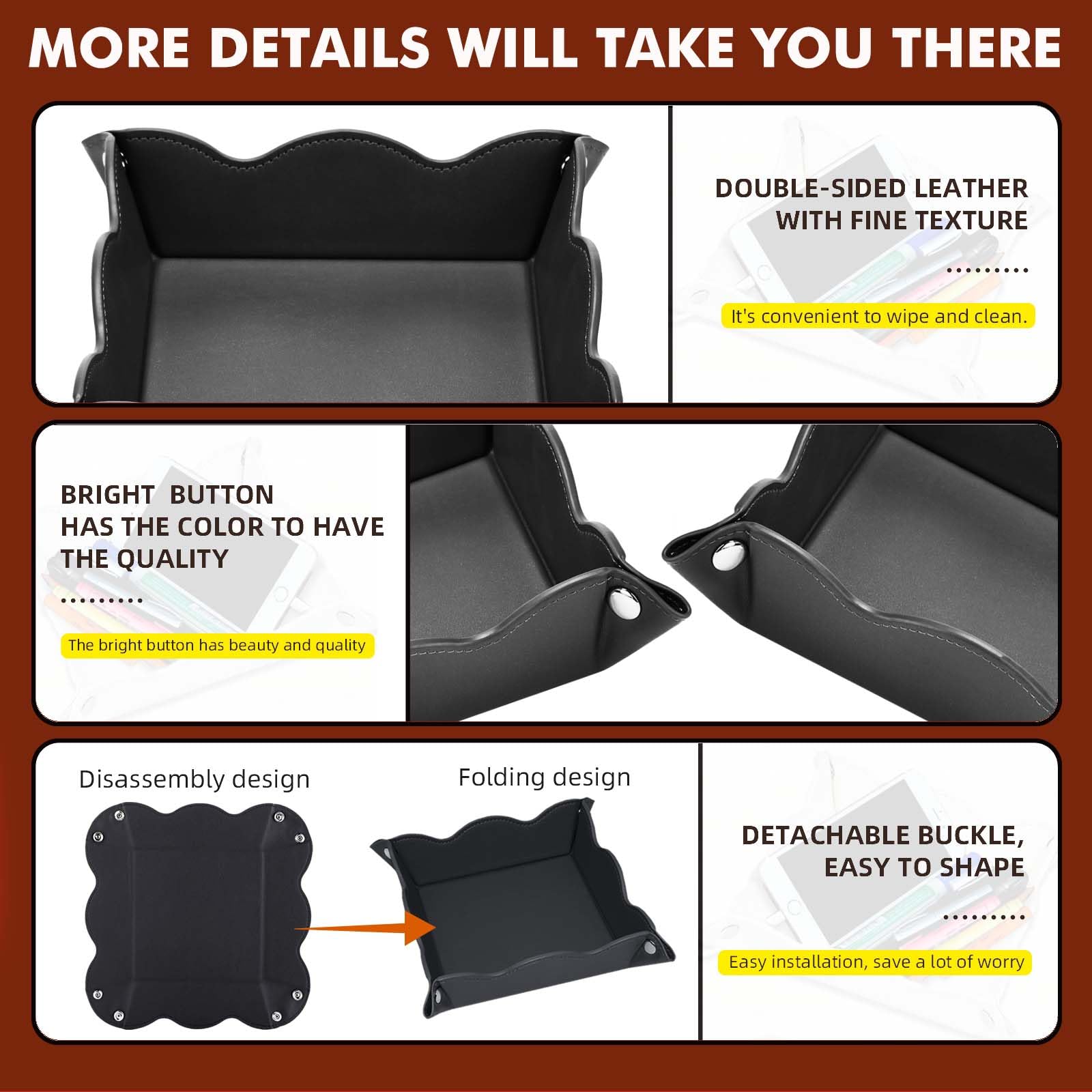 ABCHCHS Valet Tray for Men Women - PU Leather Travel Catchall Tray Organizer - Desk Bedside Nightstand Storage Box for Jewelry Key Phone Remote