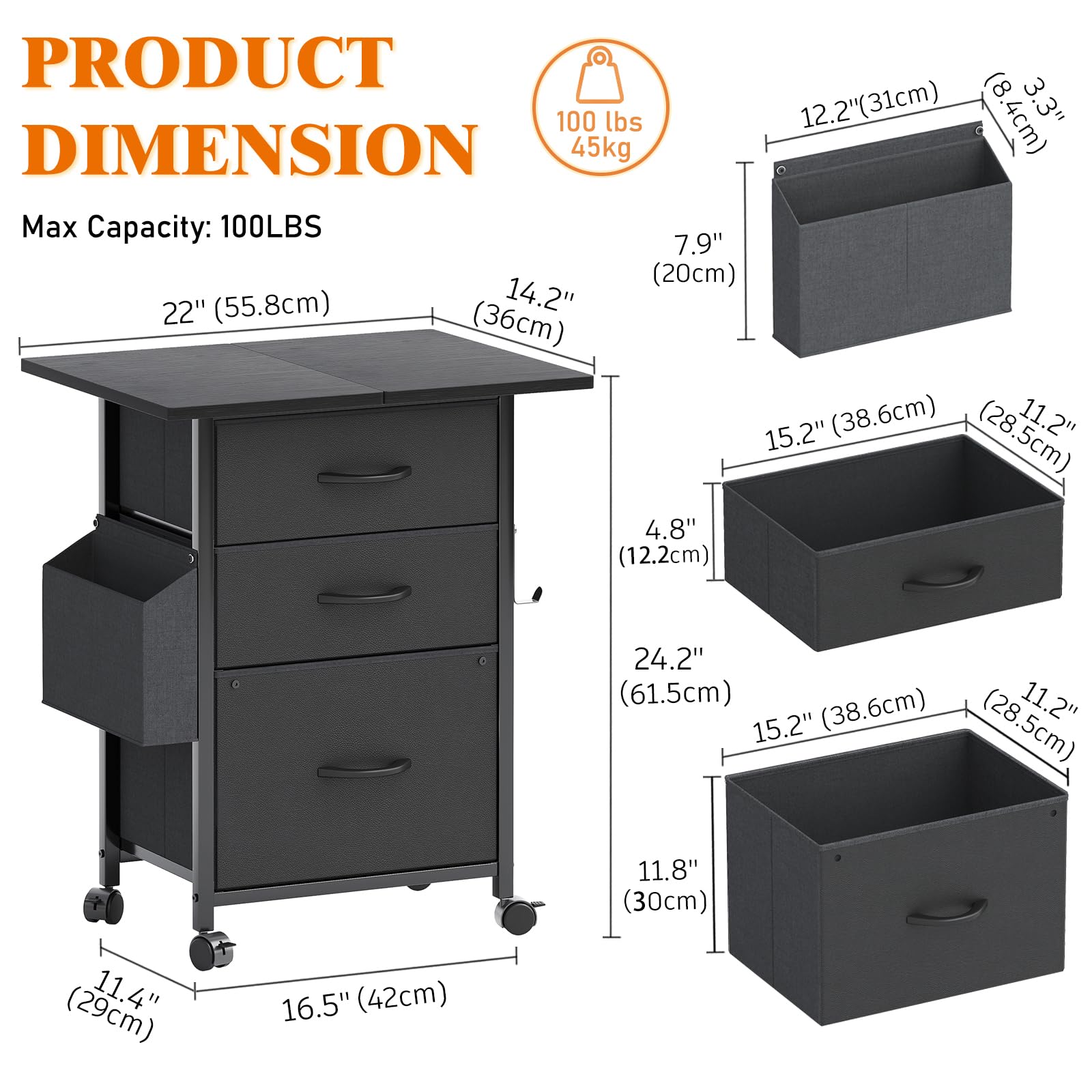 CAIYUN Filing Cabinet with 3 Fabric Drawers, Mobile File Cabinet on Wheels & Adjustable Feet, Rolling Under Desk Cabinet
