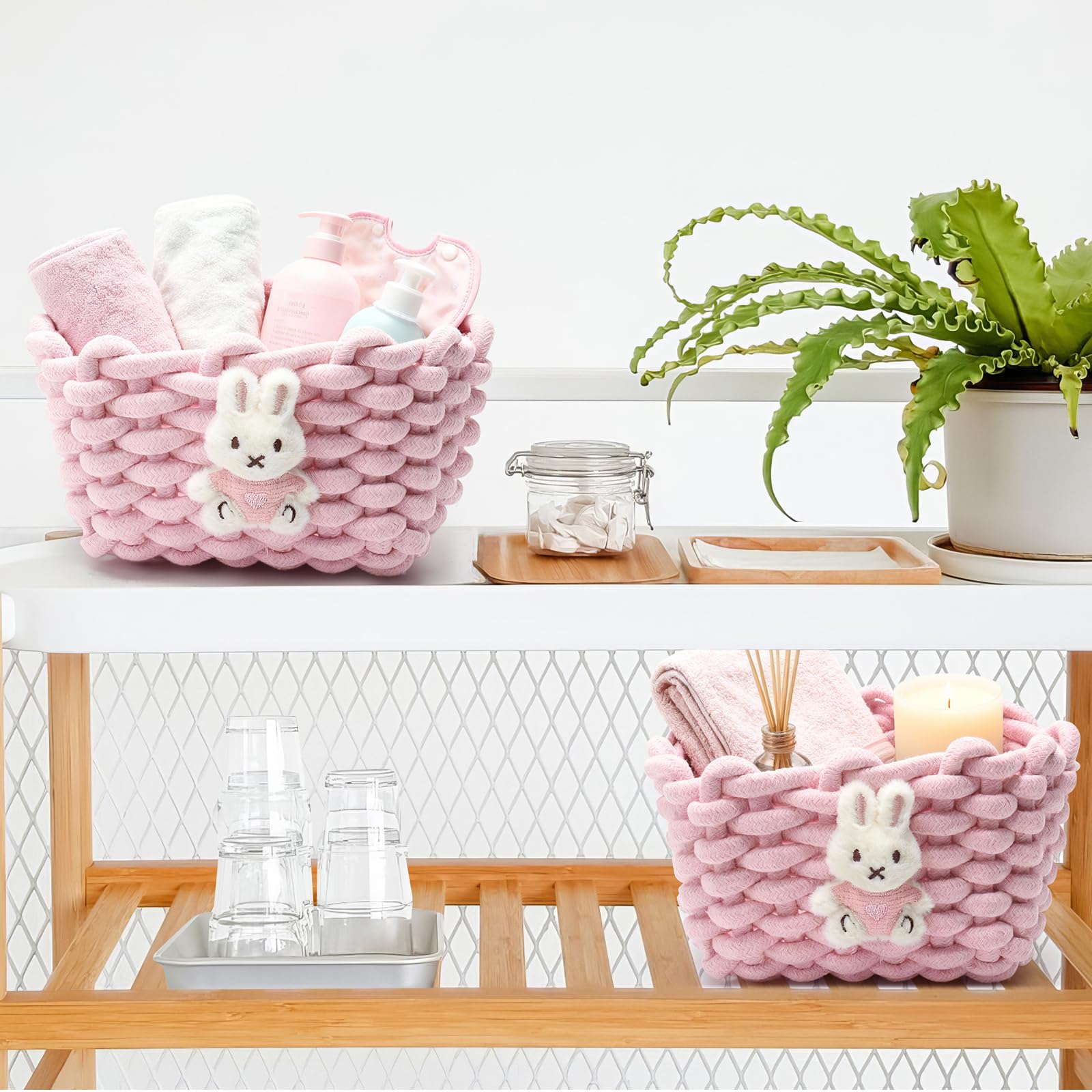 Woven Cotton Wicker Storage Basket with Bear Motif, White - Bathroom Organizer for Desk, Makeup Table, Cabinets, Bath, Kitchen (Pink - Rabbit)
