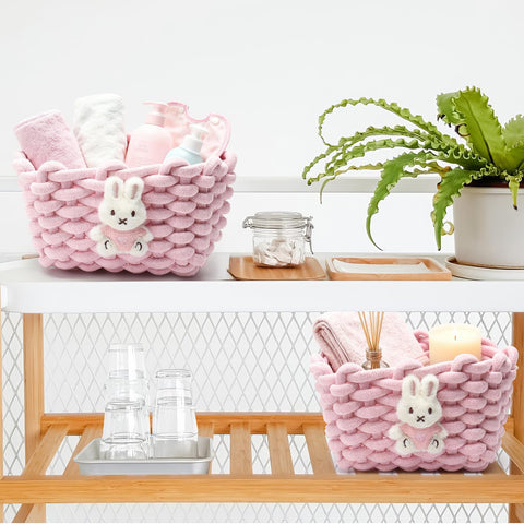Woven Cotton Wicker Storage Basket with Bear Motif, White - Bathroom Organizer for Desk, Makeup Table, Cabinets, Bath, Kitchen (Pink - Rabbit)