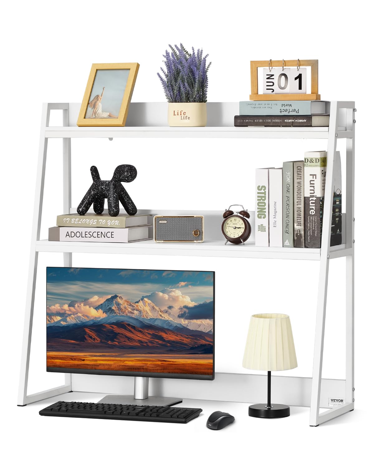 VEVOR Desktop Bookshelf, 2-Tier Desktop Storage Organizer, 37.4" x 12.6" x 35.4" Office Desk Storage Rack Display Shelf