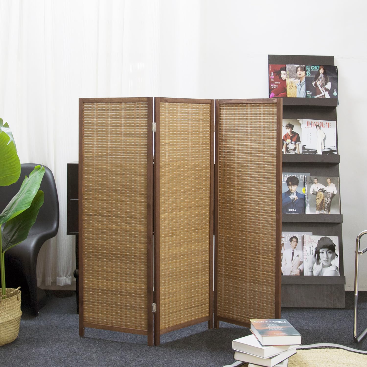 Furnnylane 3 Panel Bamboo Room Divider Short Folding Screen Divider,Double Sided Bamboo Divider Screen for Room Separation,Brown,120 cm H x 117 cm W